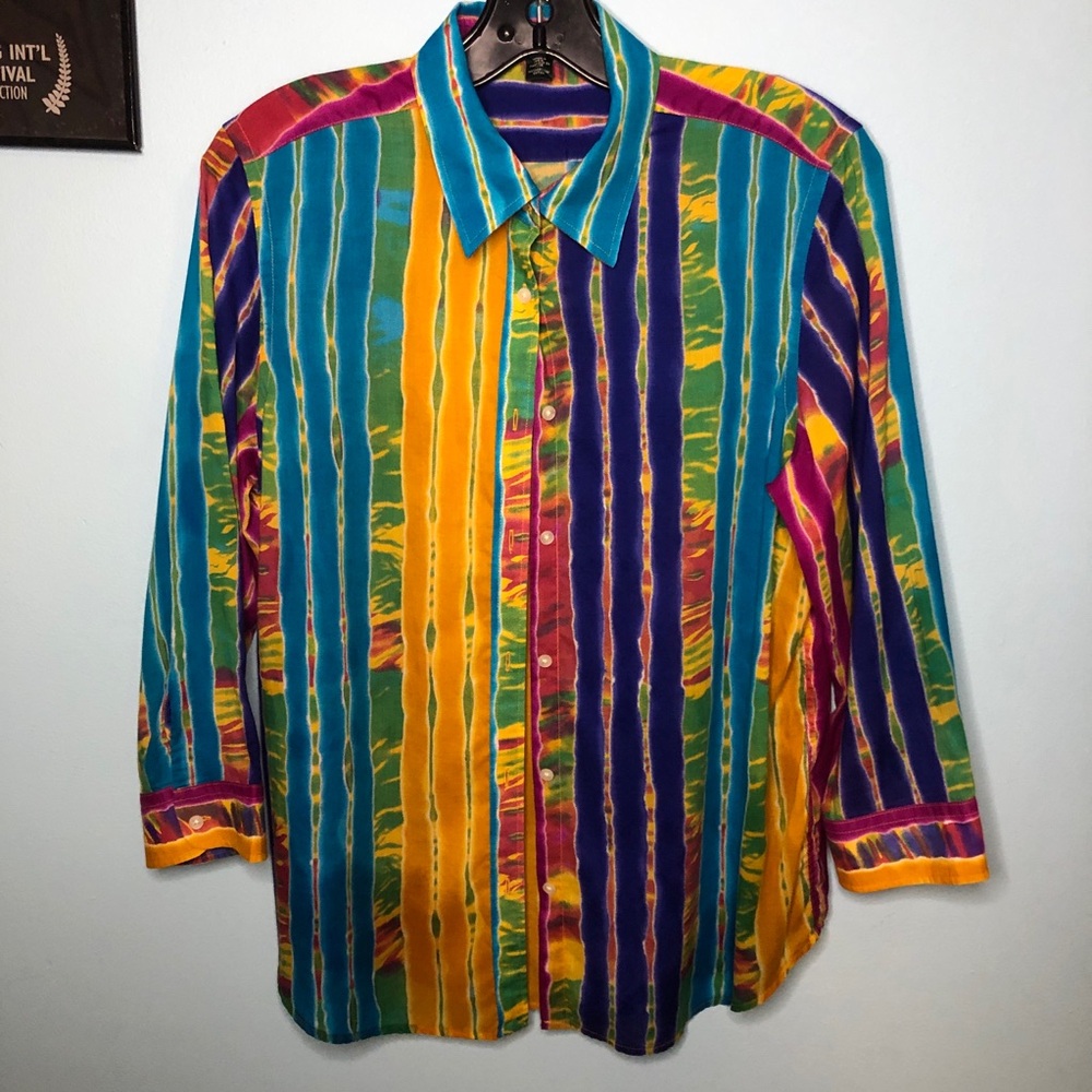 90s Y2K Ralph Lauren Bright Stripe Summer Fun Cotton Shirt Retro Rainbow Tie Dye